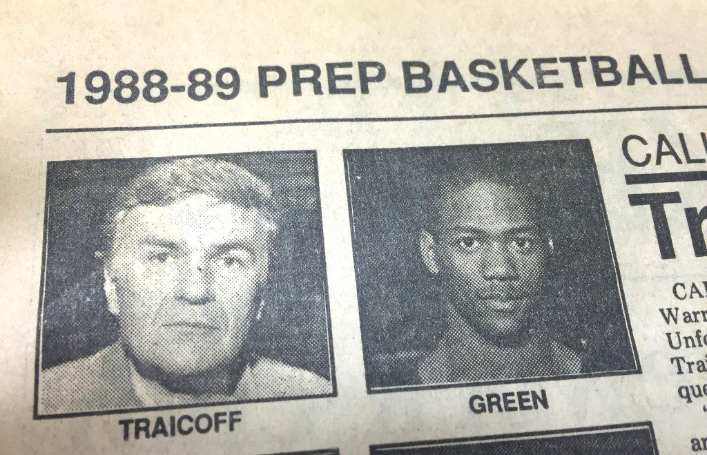 Clippings of an old Gary, Indiana newspaper featuring high school coach Carl Traicoff and stand-out basketball player Will Green