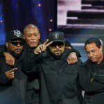 MC Ren, Dr. Dre, Ice Cube and DJ Yella of N.W.A. pose for a picture onstage in Brooklyn, New York