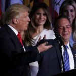 U.S. President-elect Trump holds arms Republican National Committee Chairman Priebus while speaking at his election night rally in New York