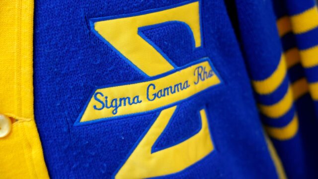 Sigma Gamma Rho Letters Distressed Denim Jacket