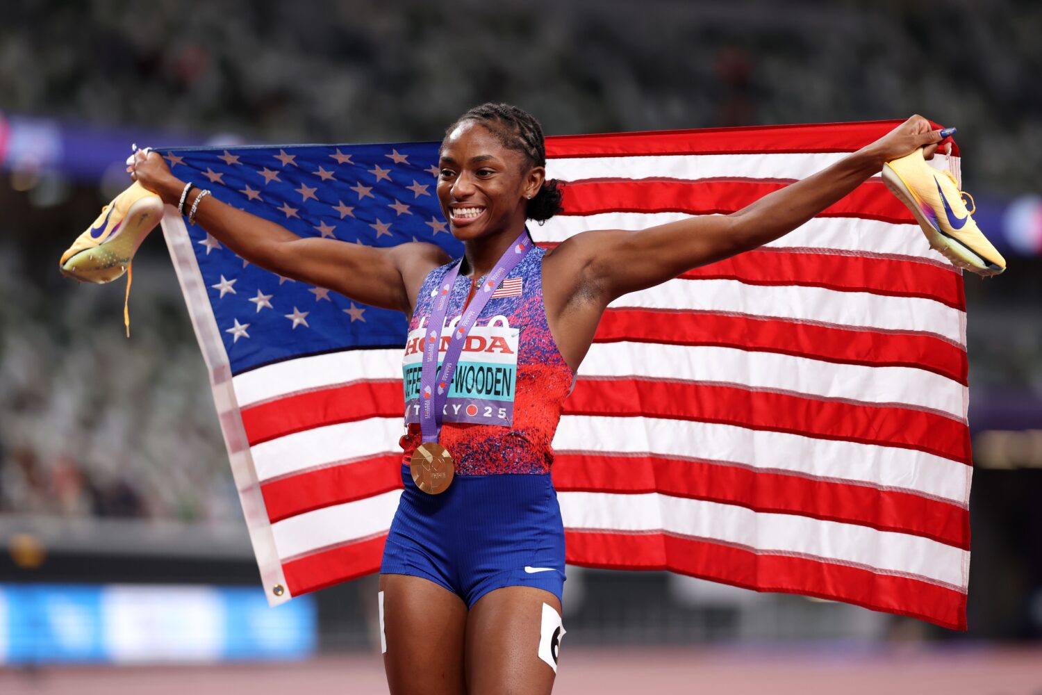 US sprinter Melissa Jefferson-Wooden ‘not satisfied’ after gold-medal sweep at World Championships